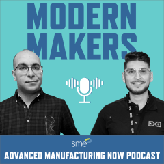 Graphic promoting a podcast episode with photos of John Louka and Rodrigo Perez with Modern Makers text in the background.